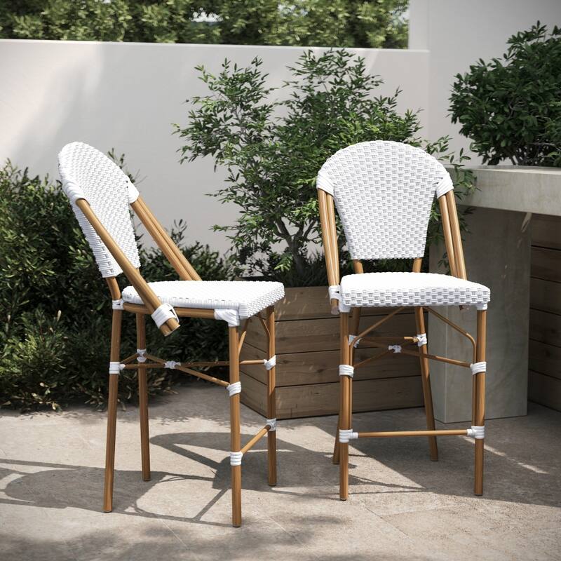 2PK Stacking Bistro Chair with Metal Frame & PE Seat - White & Gray/Natural Frame