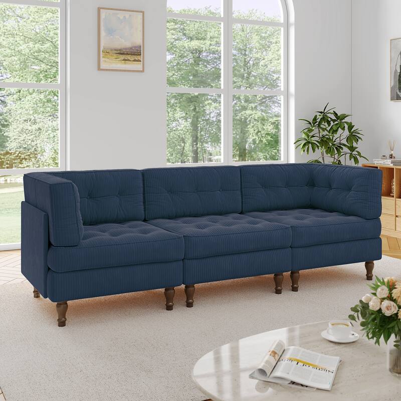 98"W Modular Upholstered Corduroy Sectional Sofa for Living Room - Navy