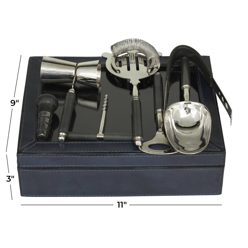Leather 7 Piece Bar Tool Set with Decorative Box - Dark Blue - Roche River Decor