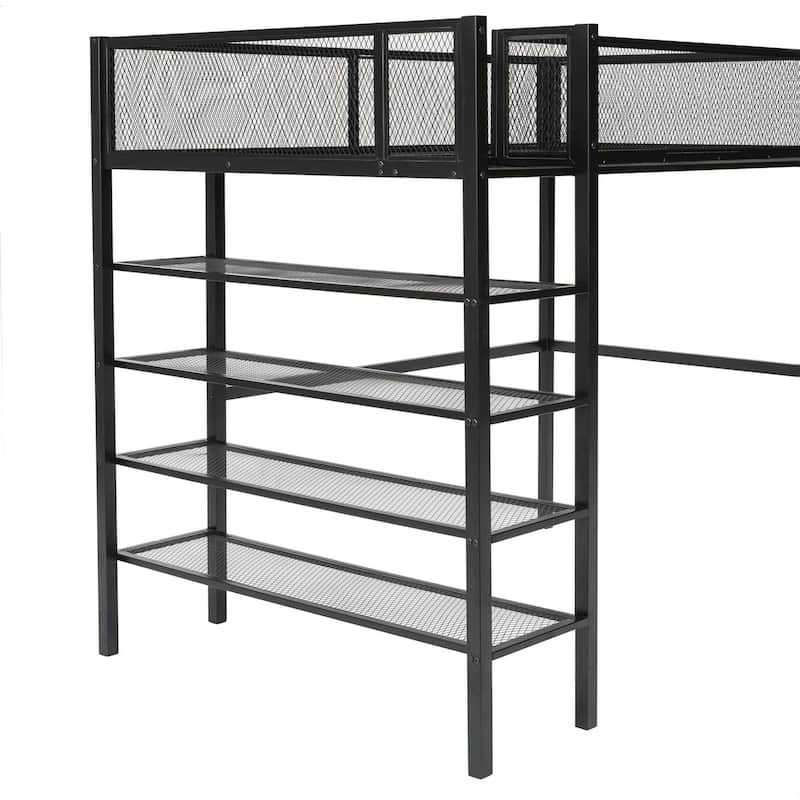 Metal Loft Bed with 4-Tier Shelves and Storage