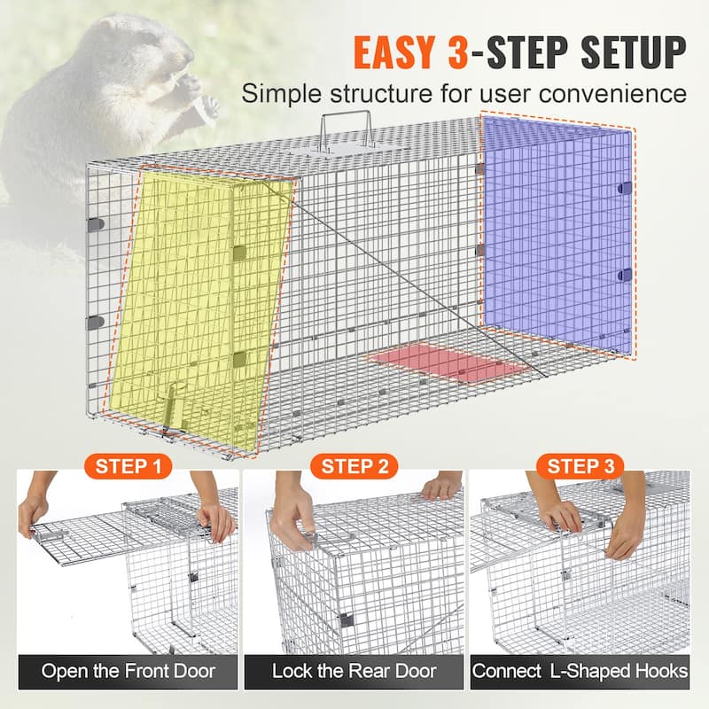 Live Animal Cage Trap with Handle for Stray Dogs, Armadillos, Raccoons, Marmots, Foxes - 42" x 16" x 18"