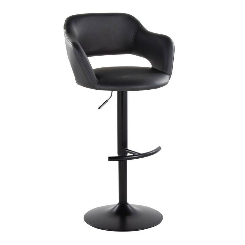 Porch & Den Vallen Adjustable Faux Leather Bar Stool with Rounded T Footrest (Set of 2) - Black Faux Leather/Black Metal