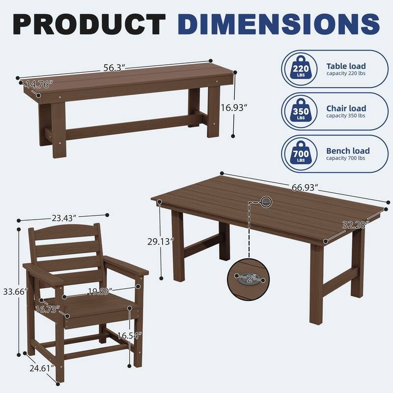 6-Piece HDPE Outdoor Dining Table Sets with Umbrella Hole - 1-Table 4-Chairs-1-Bench