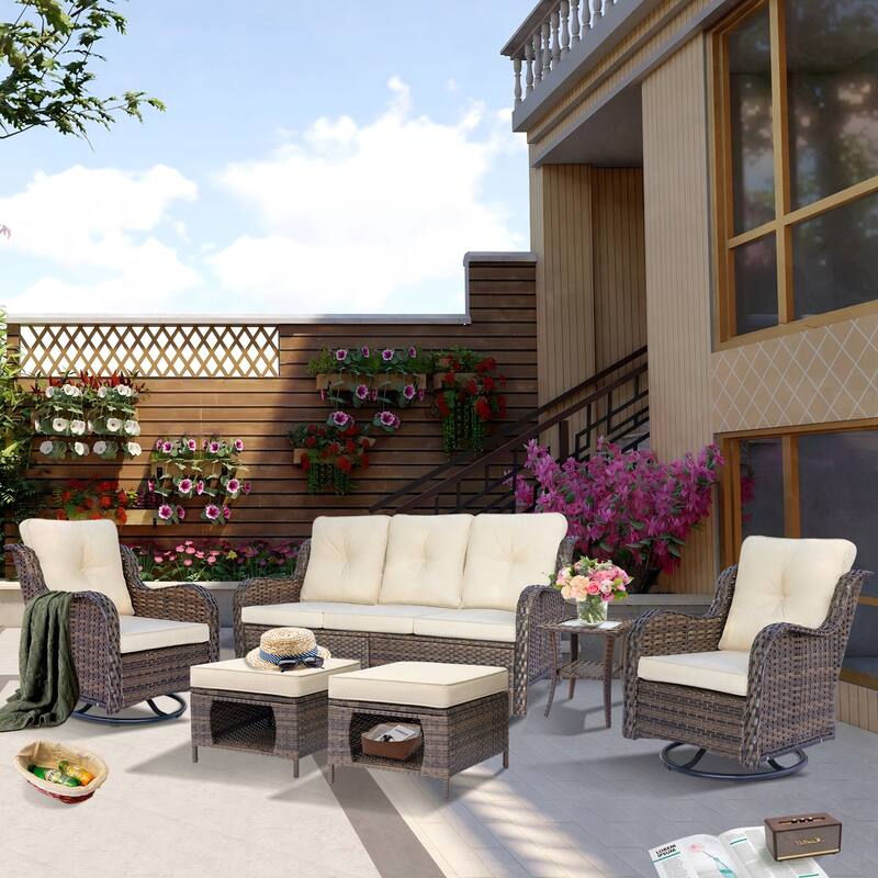 Rattan Wicker Outdoor Patio Furniture Set Swivel chairs with Cushions - 6 Piece - Cream/Brown Wicker