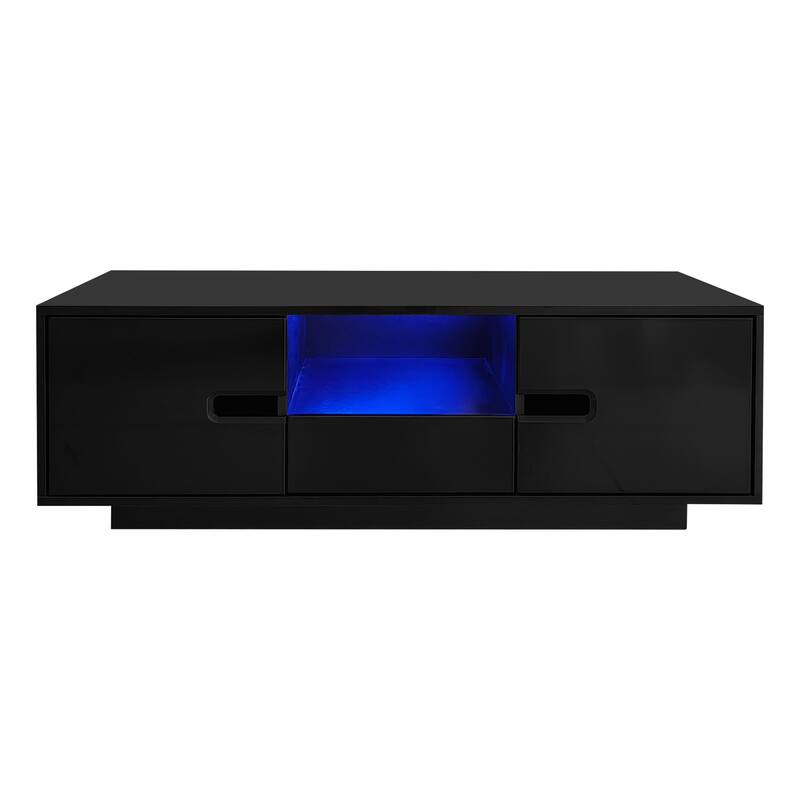 Modern High Glossy Rectangle Coffee Table, Stylish Center Table with Storage Space, Accent Furniture with 16 Color LED Lights