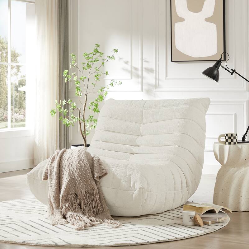 Chenille Deep Seat Bean Bag Chair, Ergonomics Armless Fireside Chair, Adults Corner Soft Lazy Sofa with Memory Foam Filler - White