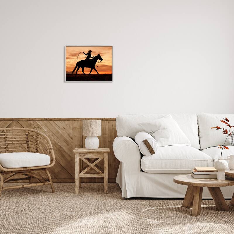 Stupell Cowgirl Sunset Silhouette Southwestern Horse Field Landscape Framed Wall Art