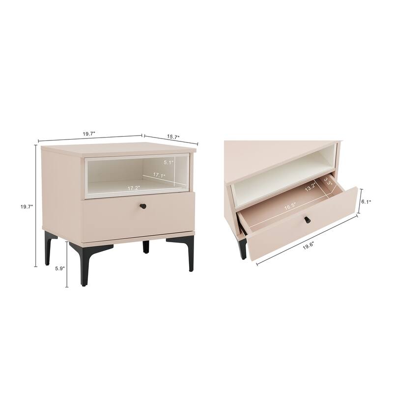 Modern Pale Rose and White Nightstand with Drawer and Open Shelf
