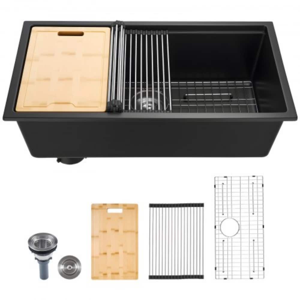 Black Granite Undermount Kitchen Sink with Single Bowl and Cutting Board and Roll-Up Rack