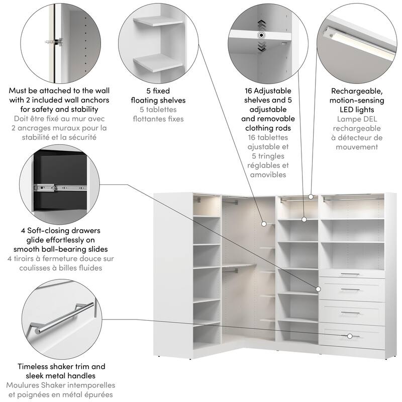 Bestar Florence 105W x 61D L Shaped Walk-In Closet System, Shaker