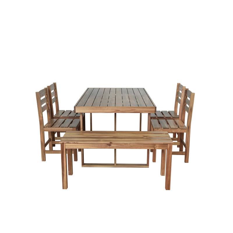 6-Piece Outdoor Patio Acacia Wood Dining Set with Rectangular Table, Benche, Chairs