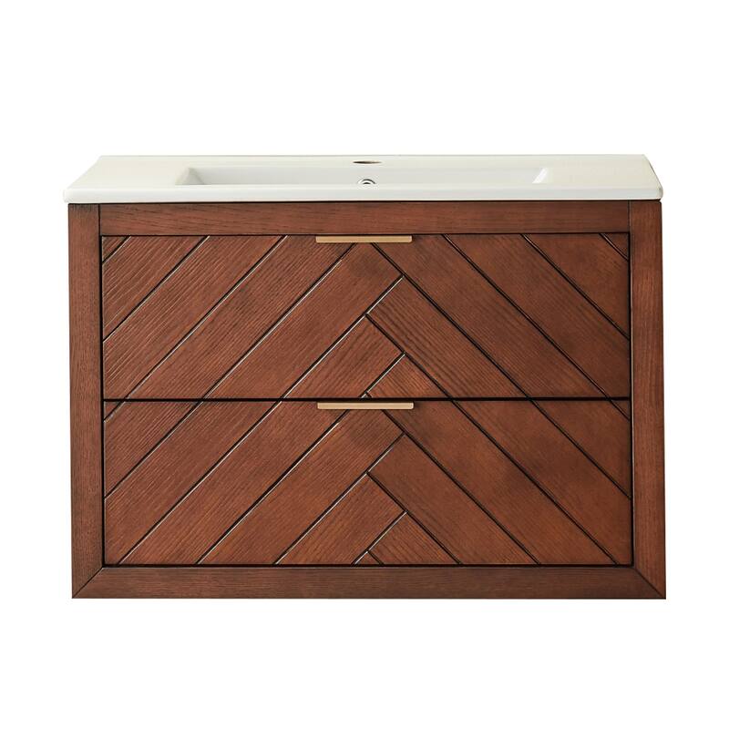 Modland 30" Wall Mount Bathroom Vanity with Ceramic Sink - 2 Soft-Close Drawers, Black/Walnut - 30 inch