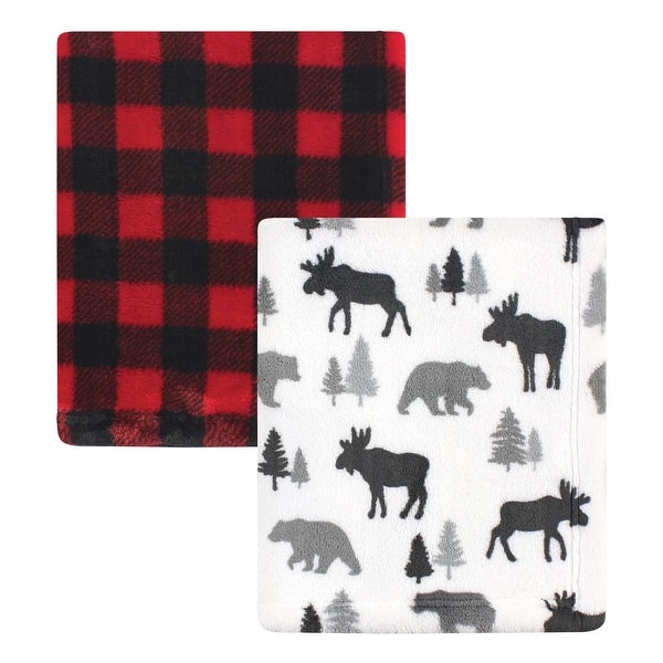 slide 1 of 1, Hudson Baby Infant Boy Cozy Plush Luxury Blankets 2pk, Moose Buffalo Plaid, One Size - Moose Buffalo Plaid - One Size One Size - Moose Buffalo Plaid