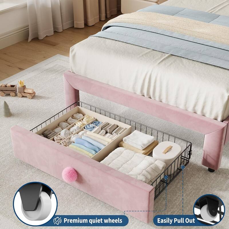 Upholstered Bed Frame for Kids with Storage Drawer and Scallop Headboard, No Box Spring Needed