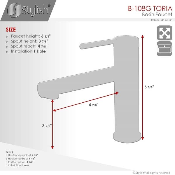 dimension image slide 2 of 3, STYLISH Stainless Steel Single Handle Single Hole Bathroom Faucet - Faucet Height: 6 3/8" Spout Height: 3 7/8"