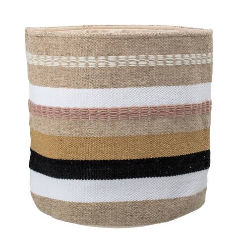 Wool & Cotton Fabric Basket with Grey, Brown & Pink Stripes