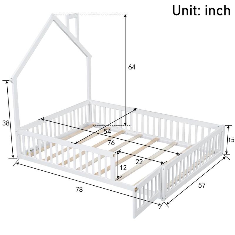 Full Size House Platform Bed with Guardrail, White