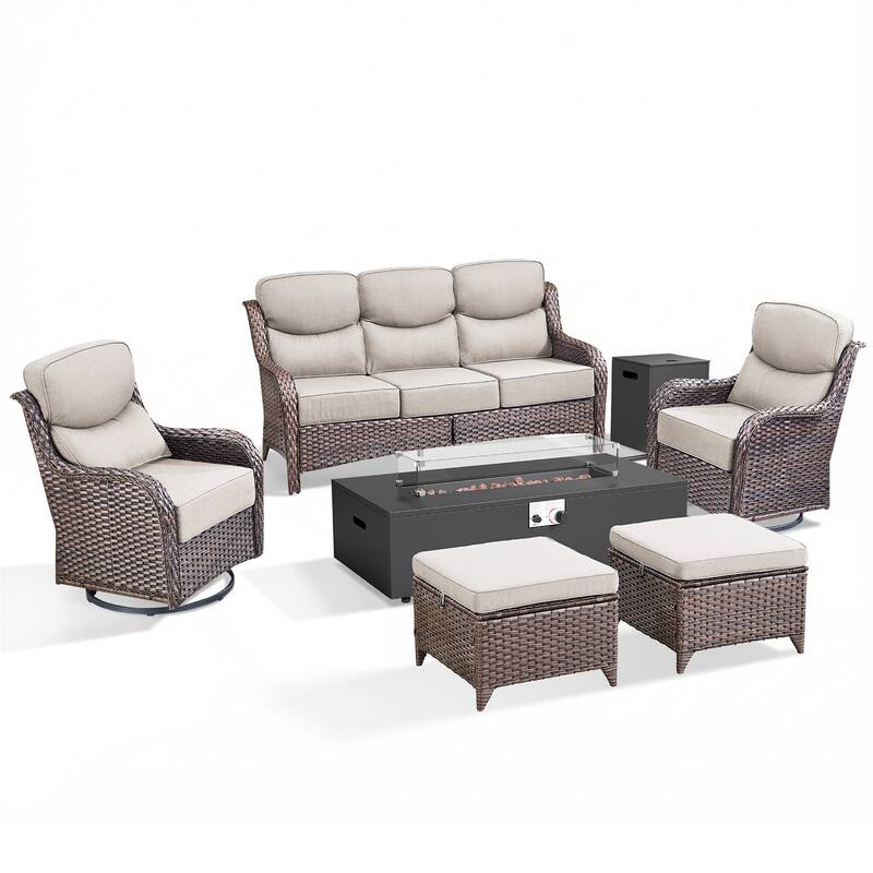 Pocassy 43" Fire Pit w/ Outdoor Sofa Swivel Chair Ottoman Set