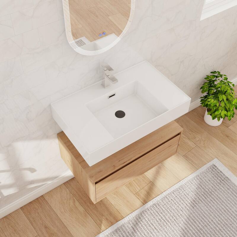 Beingnext 30"/60" Wall Mounted Bathroom Vanity with Sink, Floating Bathroom Vanity with Soft Close Drawer - 30''W - Imitative Oak-Middle Sink