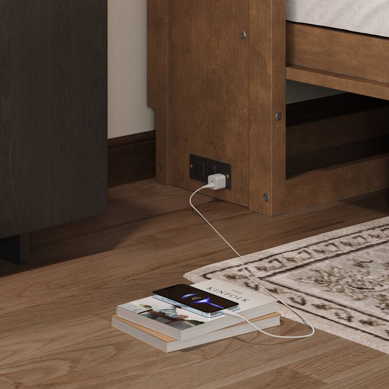 Twin Size Murphy Bed with Charging Station, Drawer, and Storage Cabinets, Wood Finish