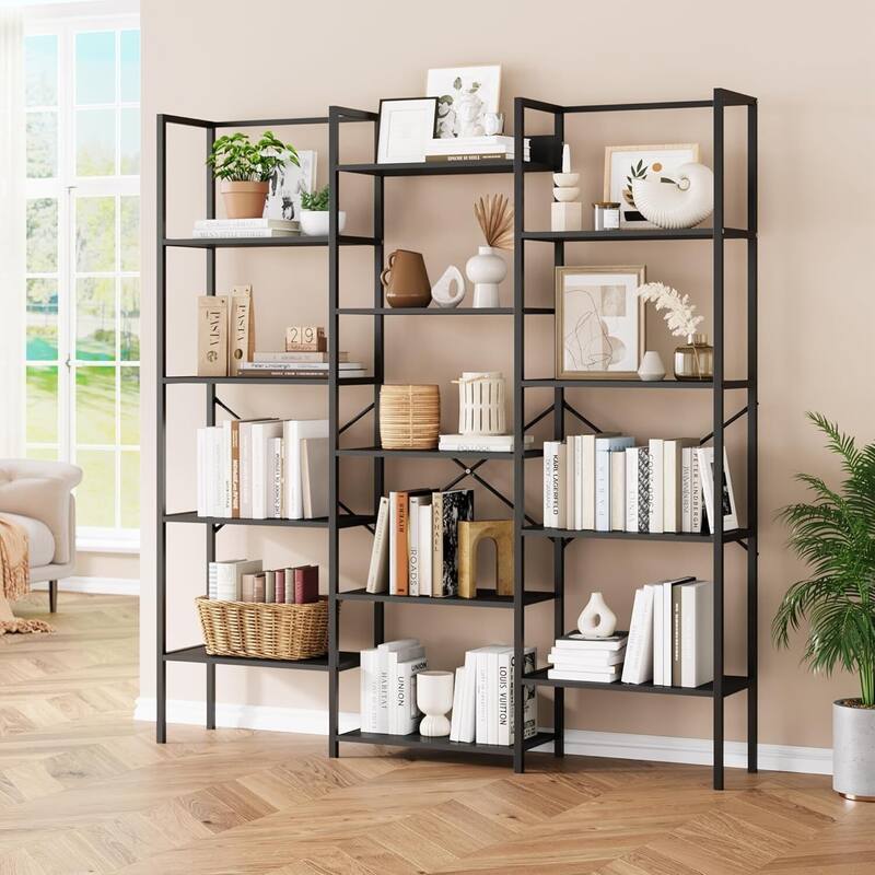 Triple Column 5-Tier Bookshelf, Rustic Bookcase with 14 Open Adjustable Shelves - Black