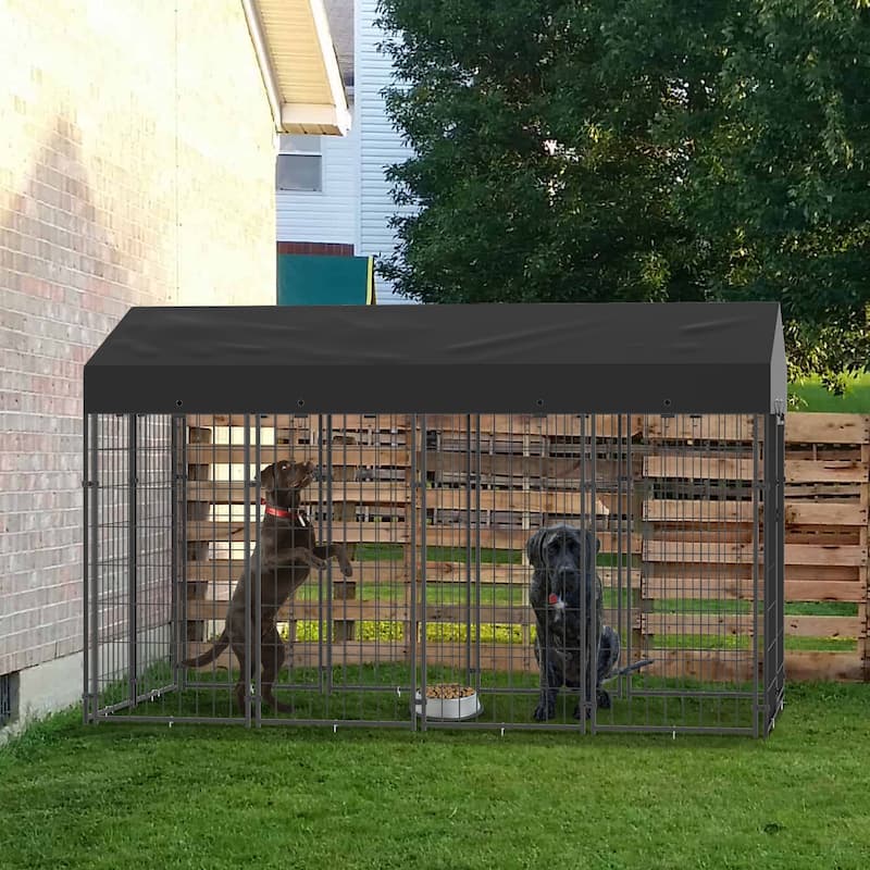 Heavy Duty Outdoor Dog Kennel Iron Fence with UV-Resistant Oxford Roof - 48"x98"x65"