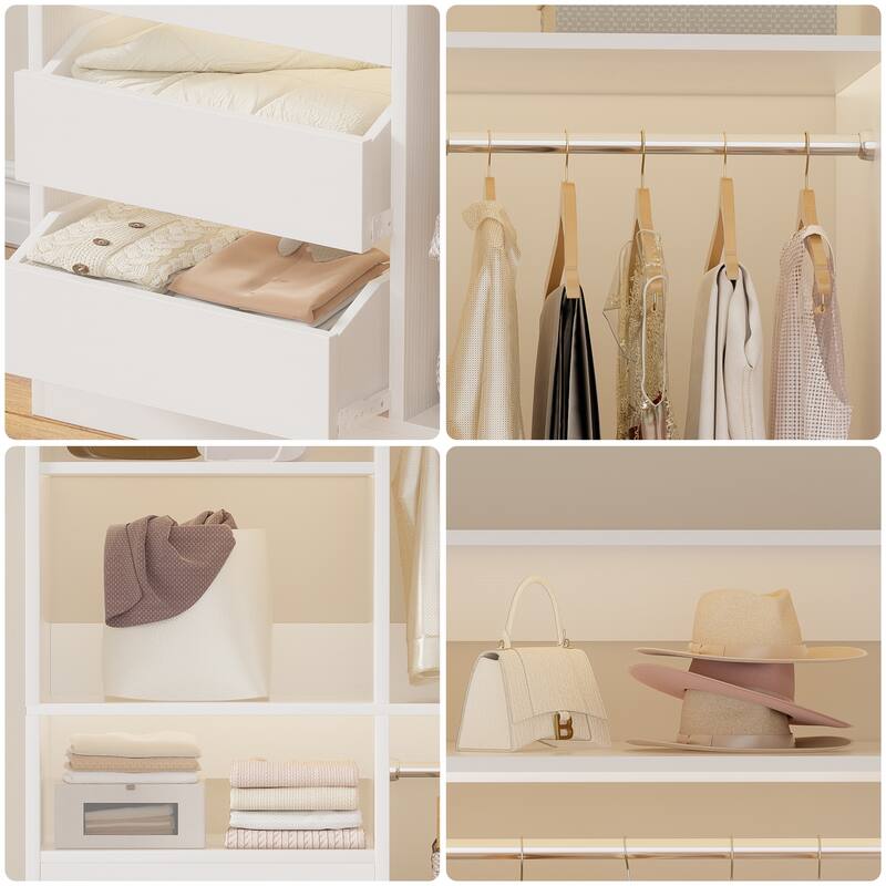 Qvella 72'' Closet System with 6 Wooden Drawers and 4 Hanging Rods, Walk-in Closet Organizer with 10 Storage Shelves