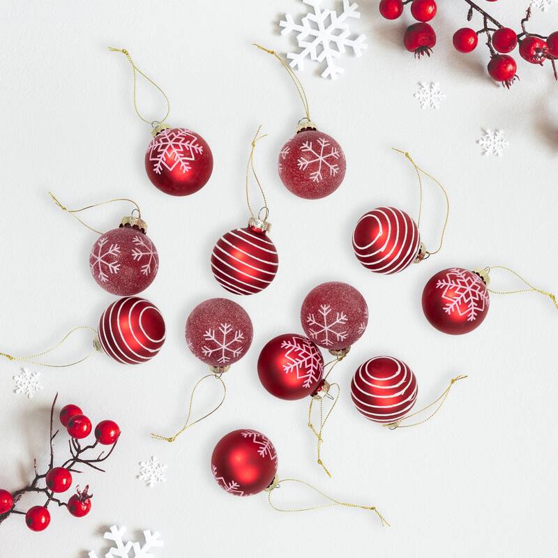 Snowflakes and Striped Glittered Glass Christmas Ornaments - 1.75-Inch (45mm) - Red - 12ct