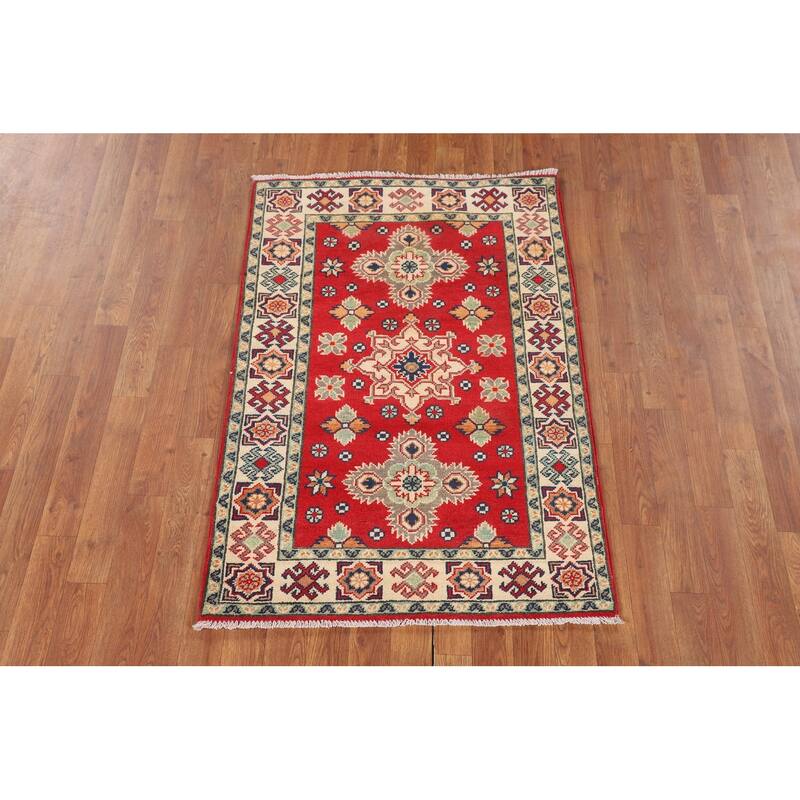 Kazak Accent Rug Hand-Knotted Geometric Red Wool Carpet - 2'10" x 4'1"