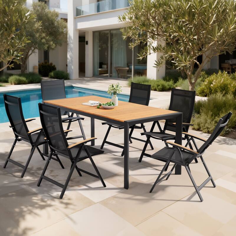 7-Piece Outdoor Patio Dining Set Wood Like Table Top Aluminum Rectangular Umbrella Hole Table with Folding Armrest Chairs - Brown