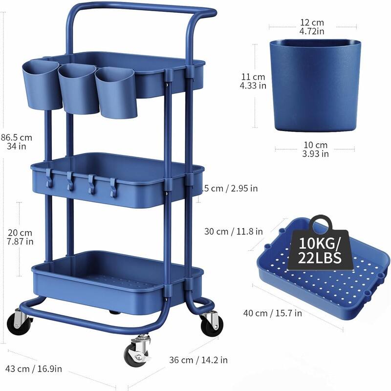 3 Tier Rolling Utility Cart Storage Shelves Multifunction Storage Trolley Service Cart - 16.9"D x 14.2"W x 34"H