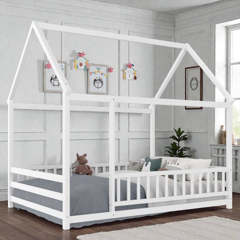 Wooden House Frame Floor Bed with Roof, Fence Guardrails, Pine Wood Kids Platform Bed for Bedroom