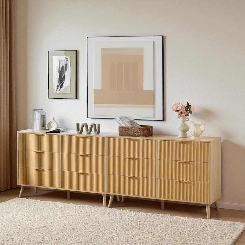 Natural 6 Drawer Dresser, Wooden Double Chest with Wavy Front Design, Storage Cabinet for Bedroom, Hallway, Entryway