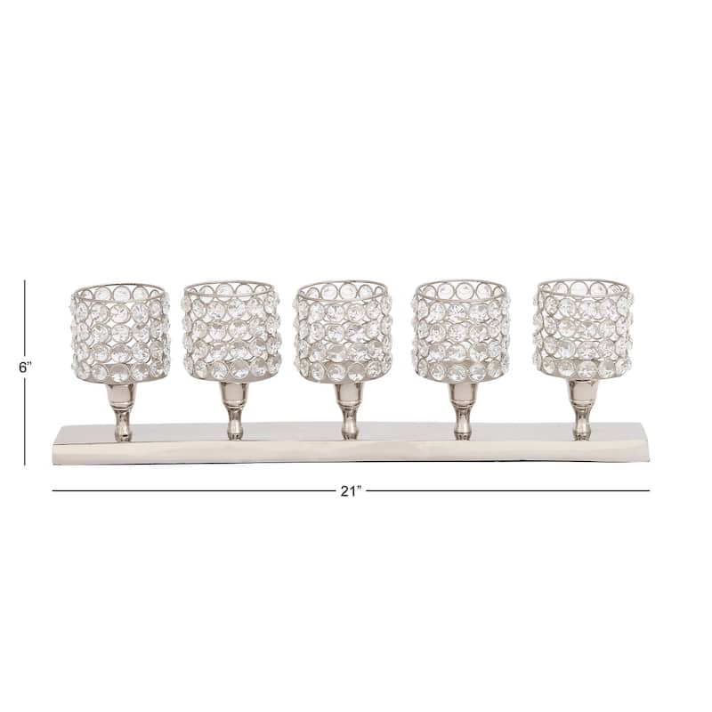Aluminum Metal Pillar 5 Crystal Sleeve Decorative Candelabra - Silver - Roche River Decor