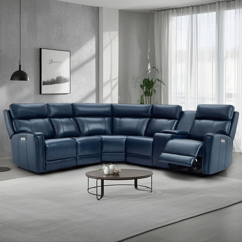 104" W Genuine Leather Power Recliner Sectional Sofa with Zero Gravity, Ajustable Headrest, USB Ports & Console - Blue