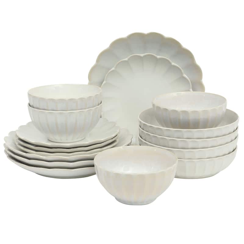 Gibson Elite Malibu Shore 16 Piece Scallop Stoneware Reactive Glaze (Service for 4) Ceramic Plates and Bowls Dinnerware Set - White