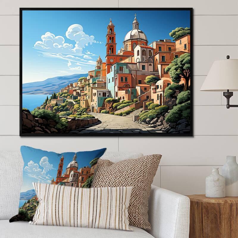 Designart "Italian Village By The Coast II" Landscape Italy Green Wall Decor - Global Entryway Framed Wall Art - 44 in. wide x 34 in. high - Black