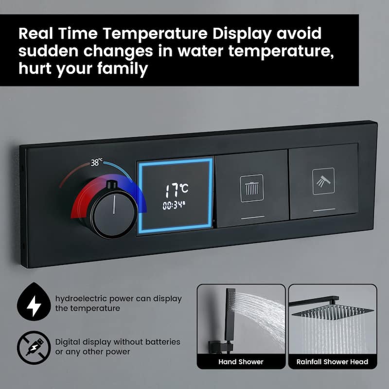Digital Display Thermostatic Shower Faucet with Hand Shower Brass Rain 12 Inch Wall Mount Shower System with Valve
