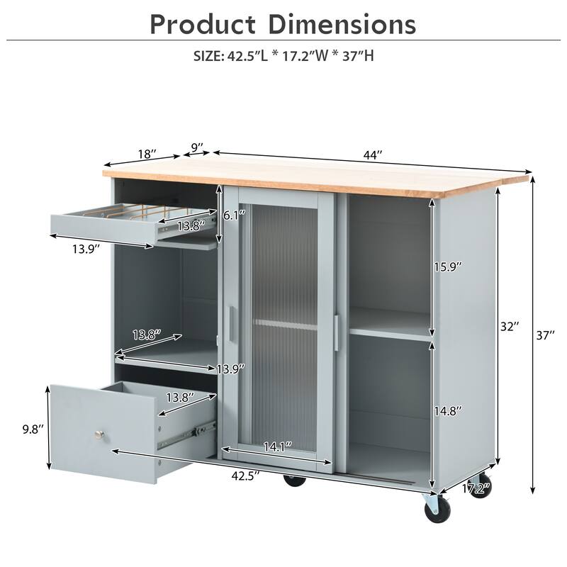 LED Light Kitchen Cart on Wheels with 2 Fluted Glass Doors