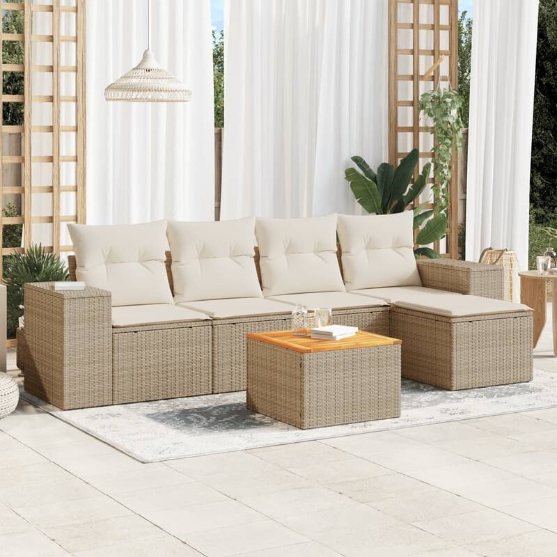 vidaXL Patio Sofa Set with Cushions Outdoor Furniture 6 Piece Poly Rattan - Beige and cream Large