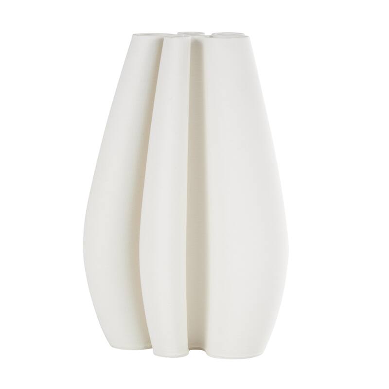 Ceramic Abstract Ribbed Dimensional Concaved Decorative Vase with Floral Shaped Rim - White - Roche River Decor