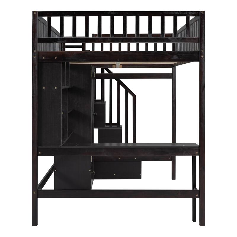 Full Size Loft Bed with Bookshelf, Drawers, Desk, and Wardrobe - Espresso