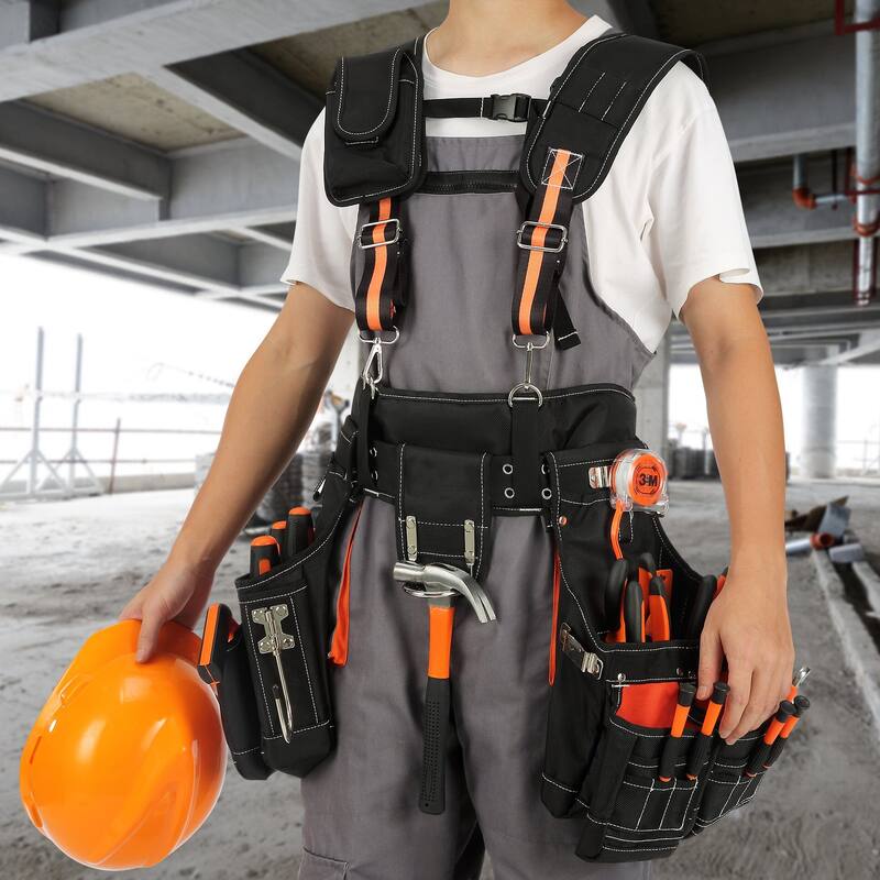 Black Polyester Adjustable Waist Strap Tool Belt with 29 Pockets Ideal for Men - 12.99 x 11.02 inches