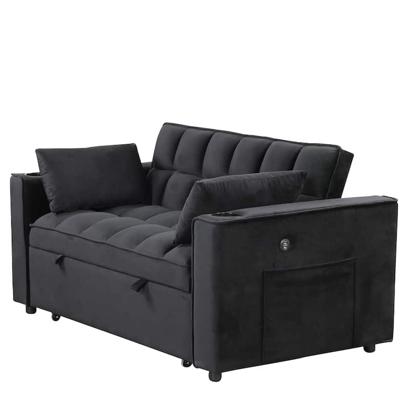 58" Velvet Sofa Bed with Built-In Cup Holder and USB Port, Great for Apartments or Guest Rooms