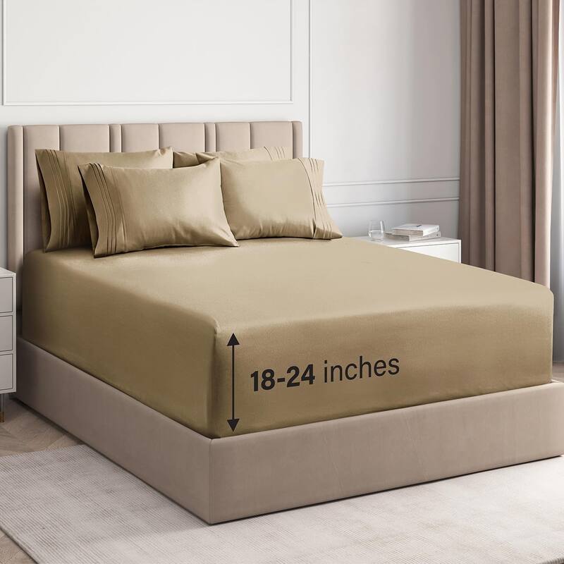 CGK Linens Extra Deep Pocket Microfiber 6 Piece Bed Sheet Set Soft & Cooling - Queen - Beige