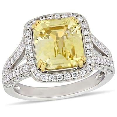 Miadora 5 1/2ct TGW Yellow Sapphire 1ct TDW Diamond Halo Cocktail Ring in 14k White & Yellow Gold