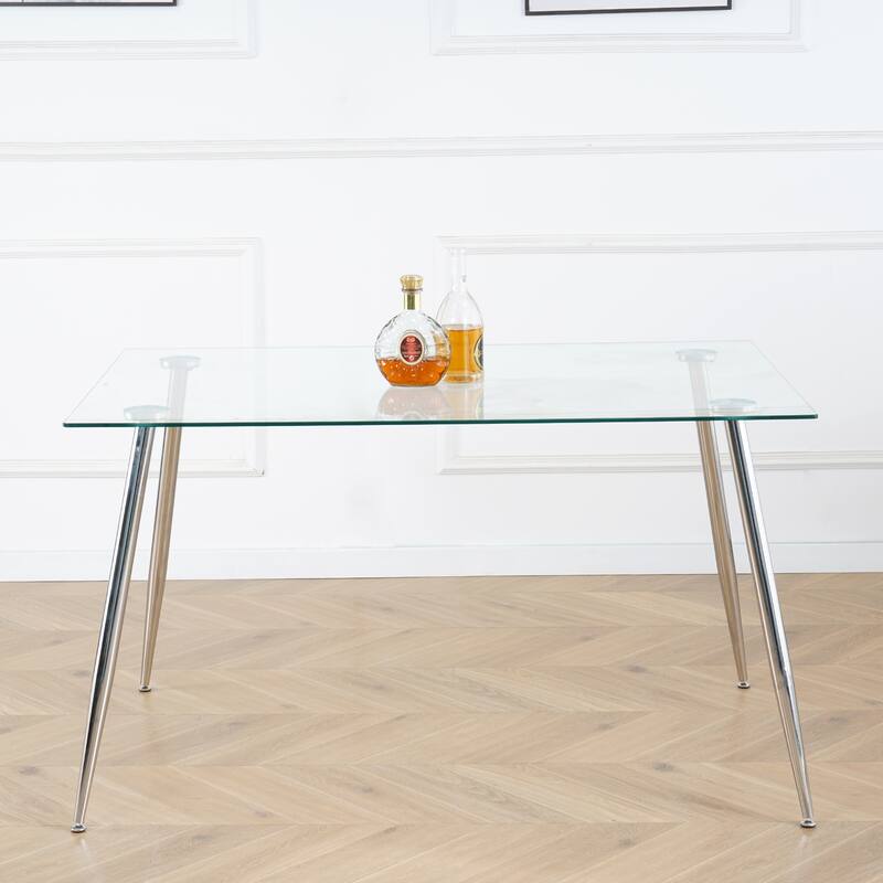 Modern Kitchen Glass Dining Table with Tempered Glass Table top,Metal Legs