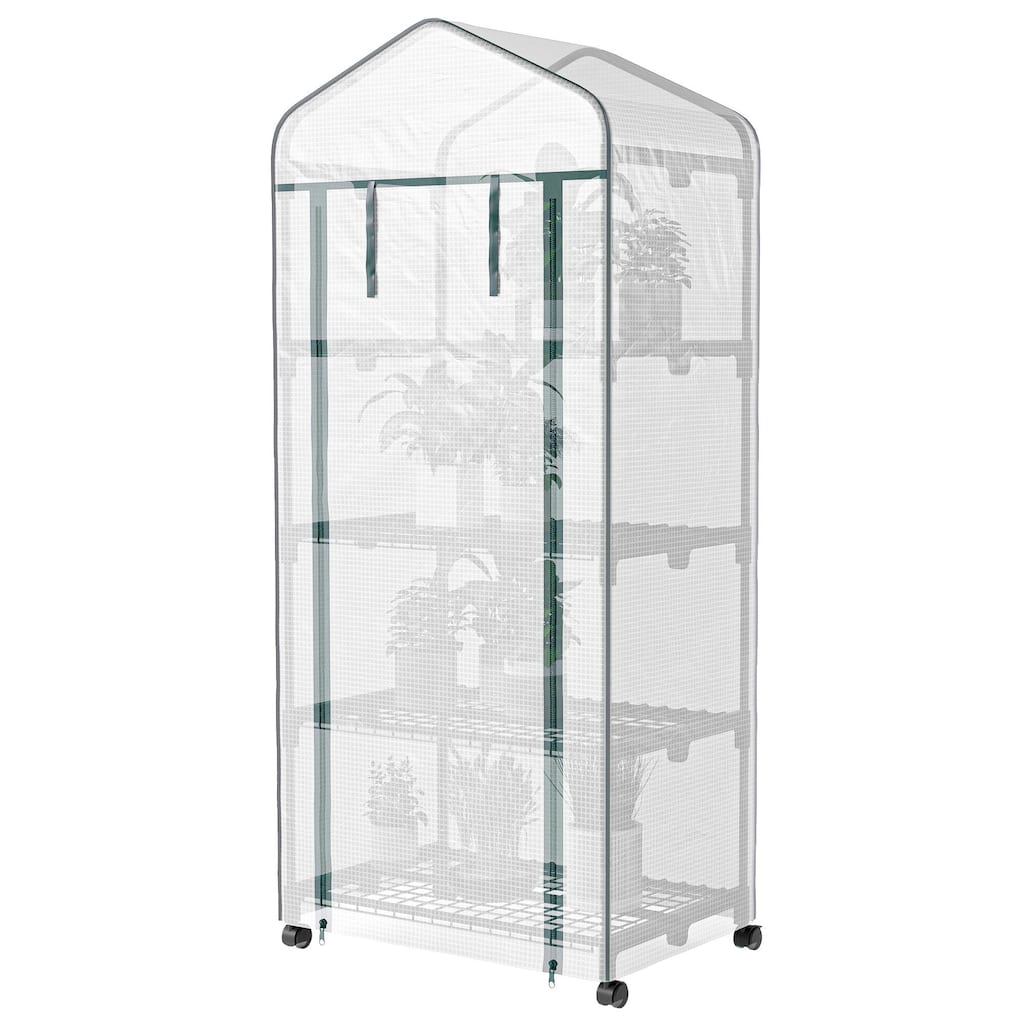 Portable Greenhouse, Outdoor Hot House Plant Flower Greenhouse with 4 Tier Shelves, PE Cover, White