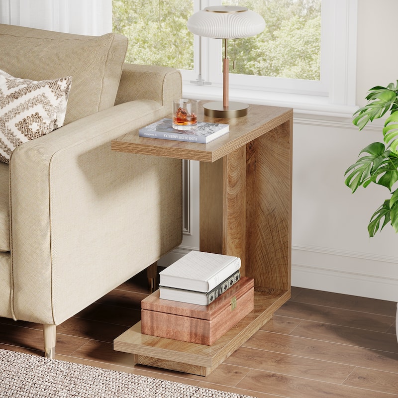C-Shaped Side Table, 2-Tier Narrow End Table for Living Room, Bedroom