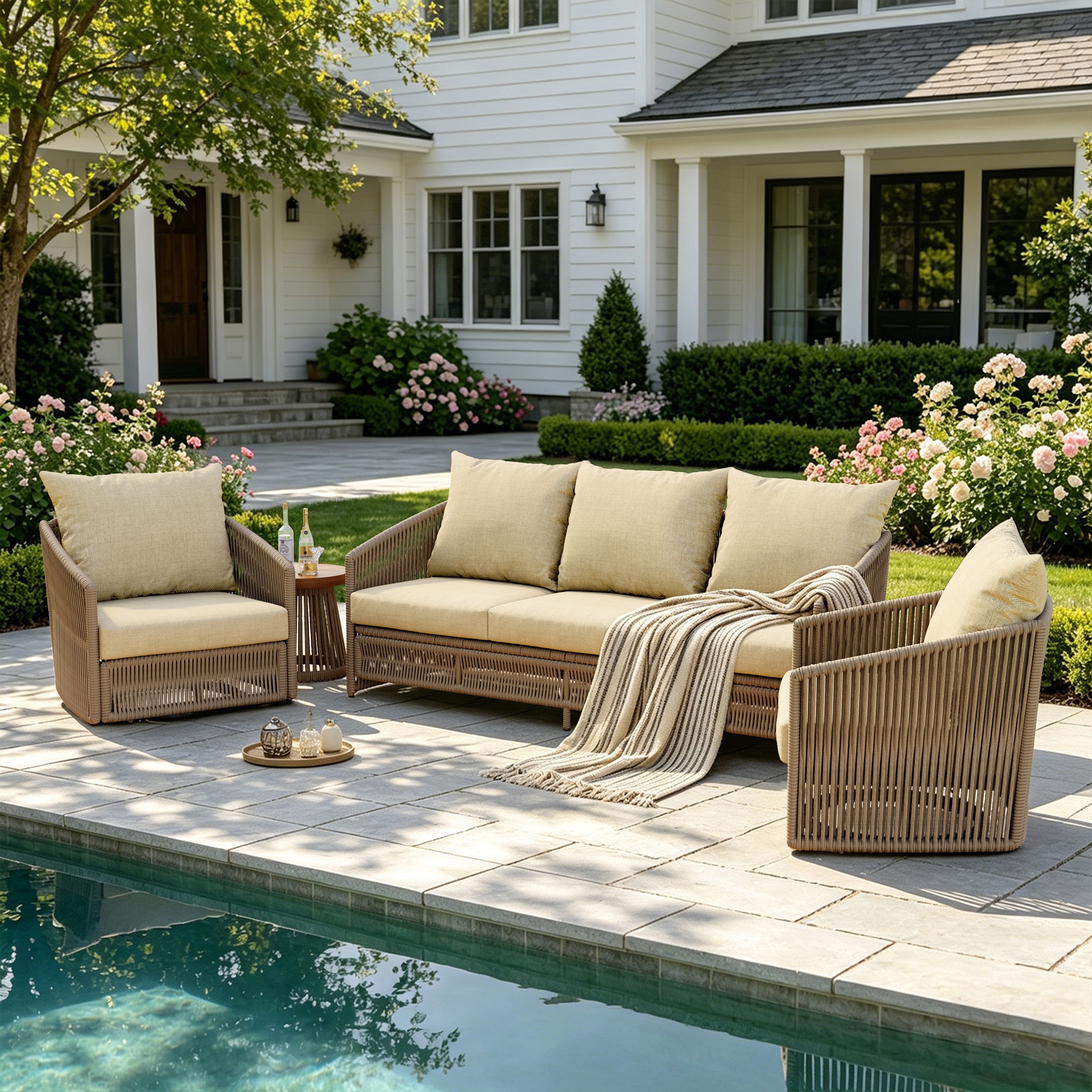 4-Piece Outdoor Patio Conversation Set with 2 Swivel Chairs, Sofa and Side Table